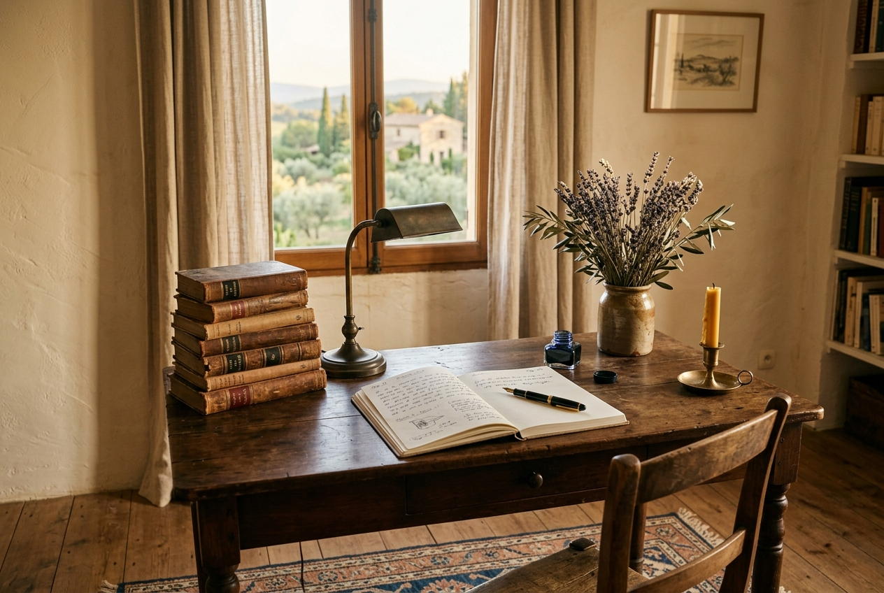 Le bureau d'Inès Vaurelle où sont rédigées les voyances par mail — desk en bois, livres anciens, lavande de Provence