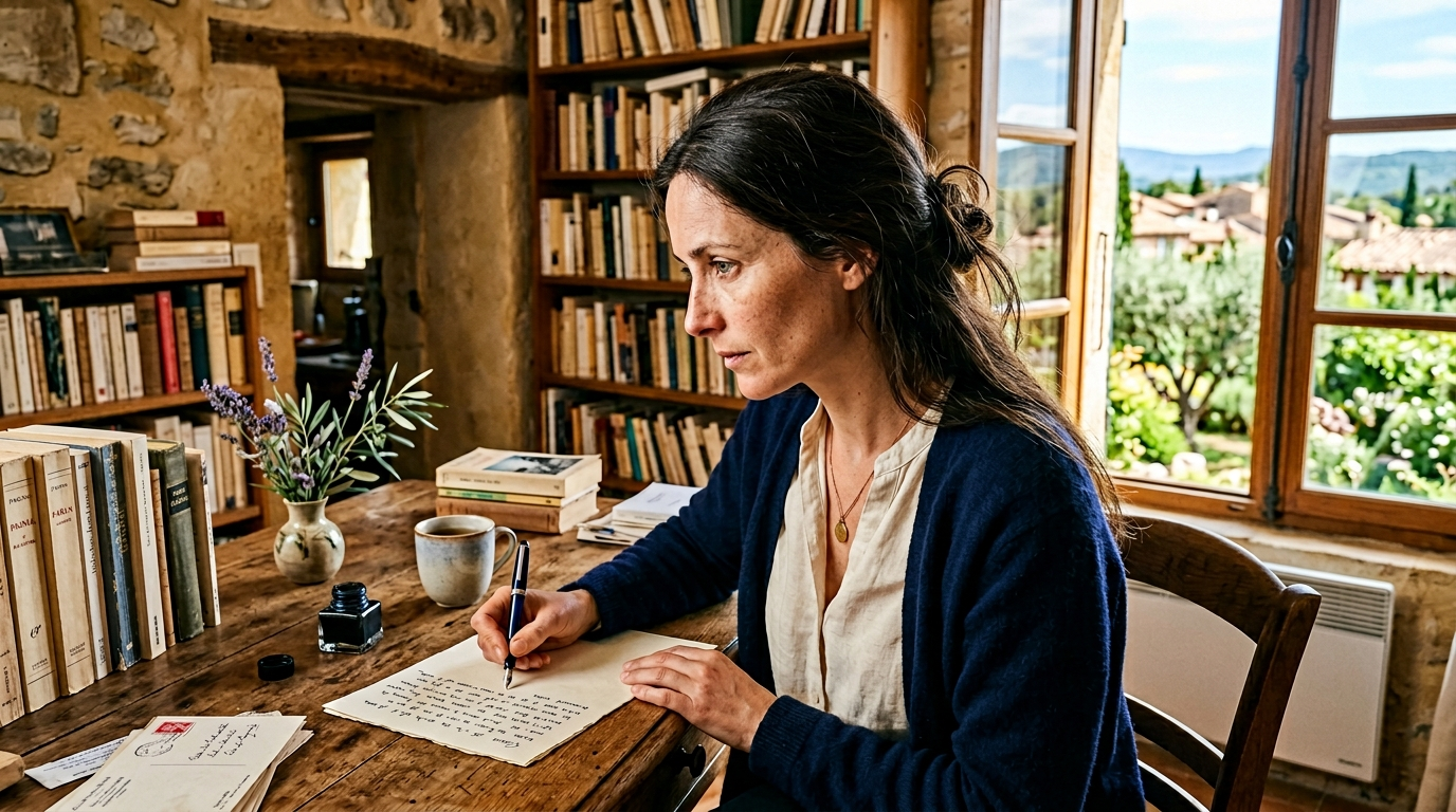 Inès rédigeant une voyance par mail, signature à la plume
